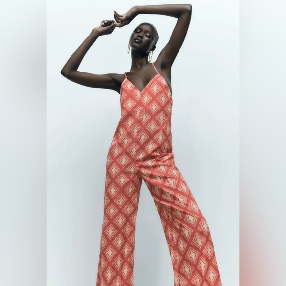 Zara NWOT Printed The Jami Print Jumpsuit orange/creme size Small - Picture 4 of 9